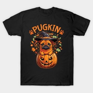 Pugkin Pumpkin Pug Halloween & Thanksgiving Design T-Shirt